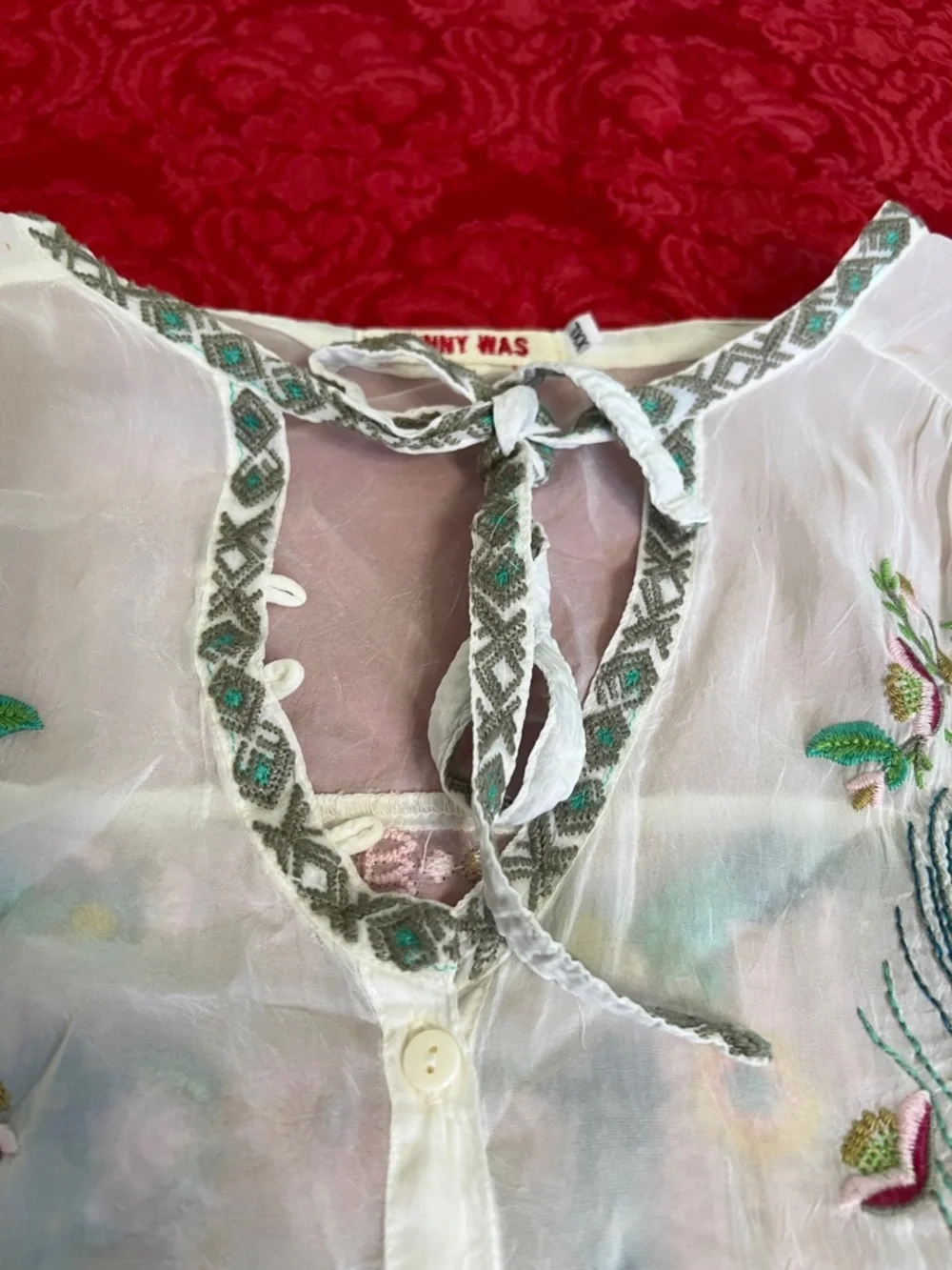 Johnny Was White Embroidered Peasant Blouse Peacock Floral XXL - Picture 5 of 9